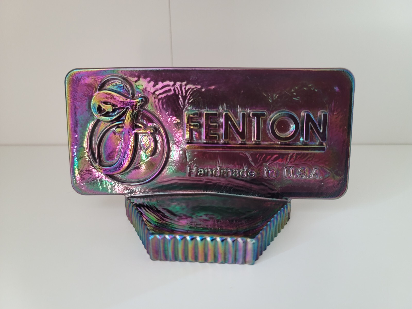 FENTON Iridescent CARNIVAL Glass Rectangle Dealer Sign LOGO, Purple.