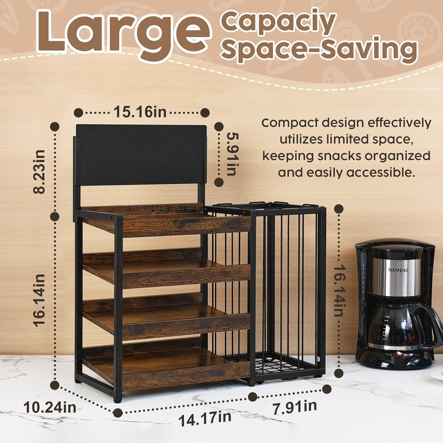 Rustic Wood & Metal Snack Organizer 4-Tier Display for Kitchen & Retail Spaces