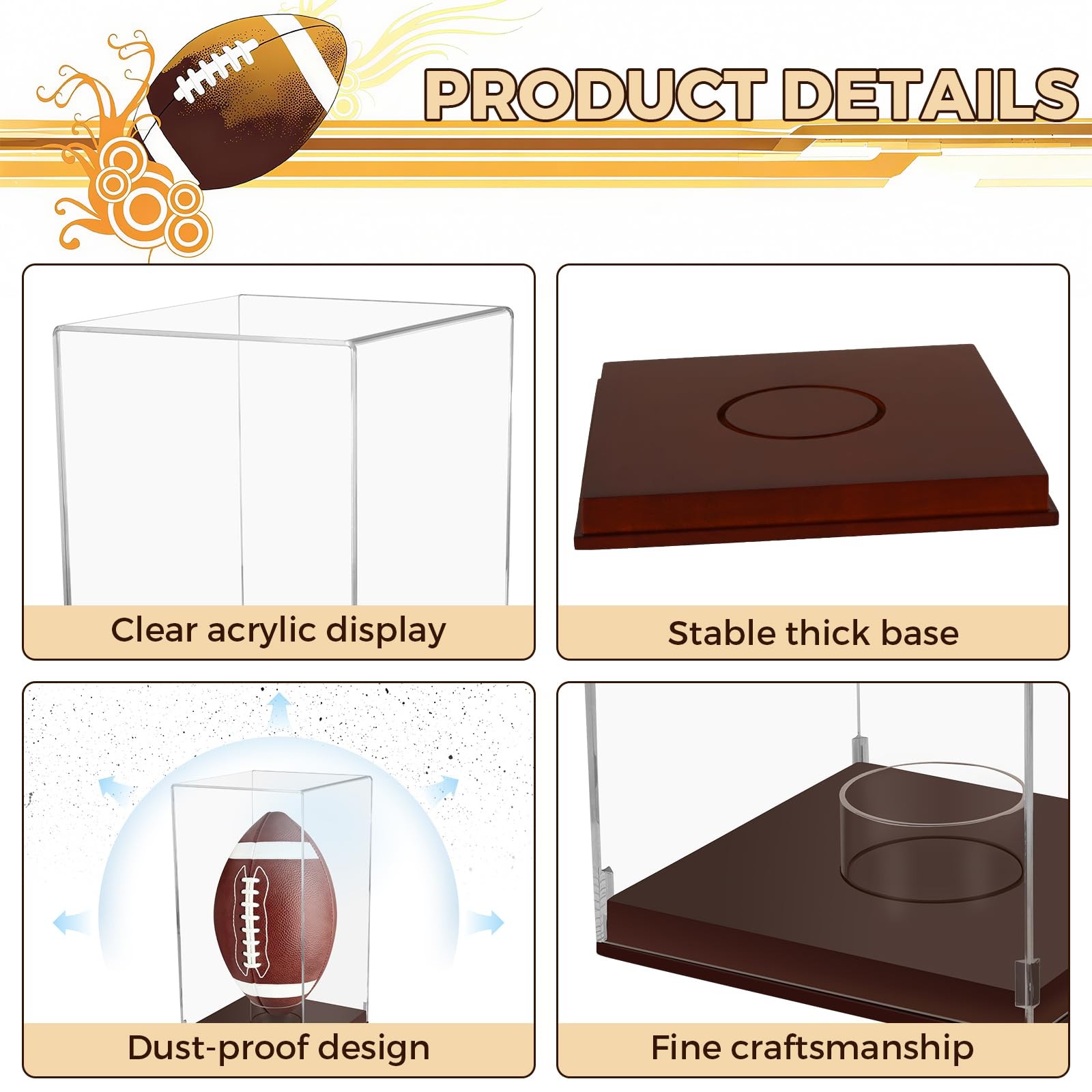 Clear Acrylic Football Vertical Wooden Case for 1 Ball, Brown