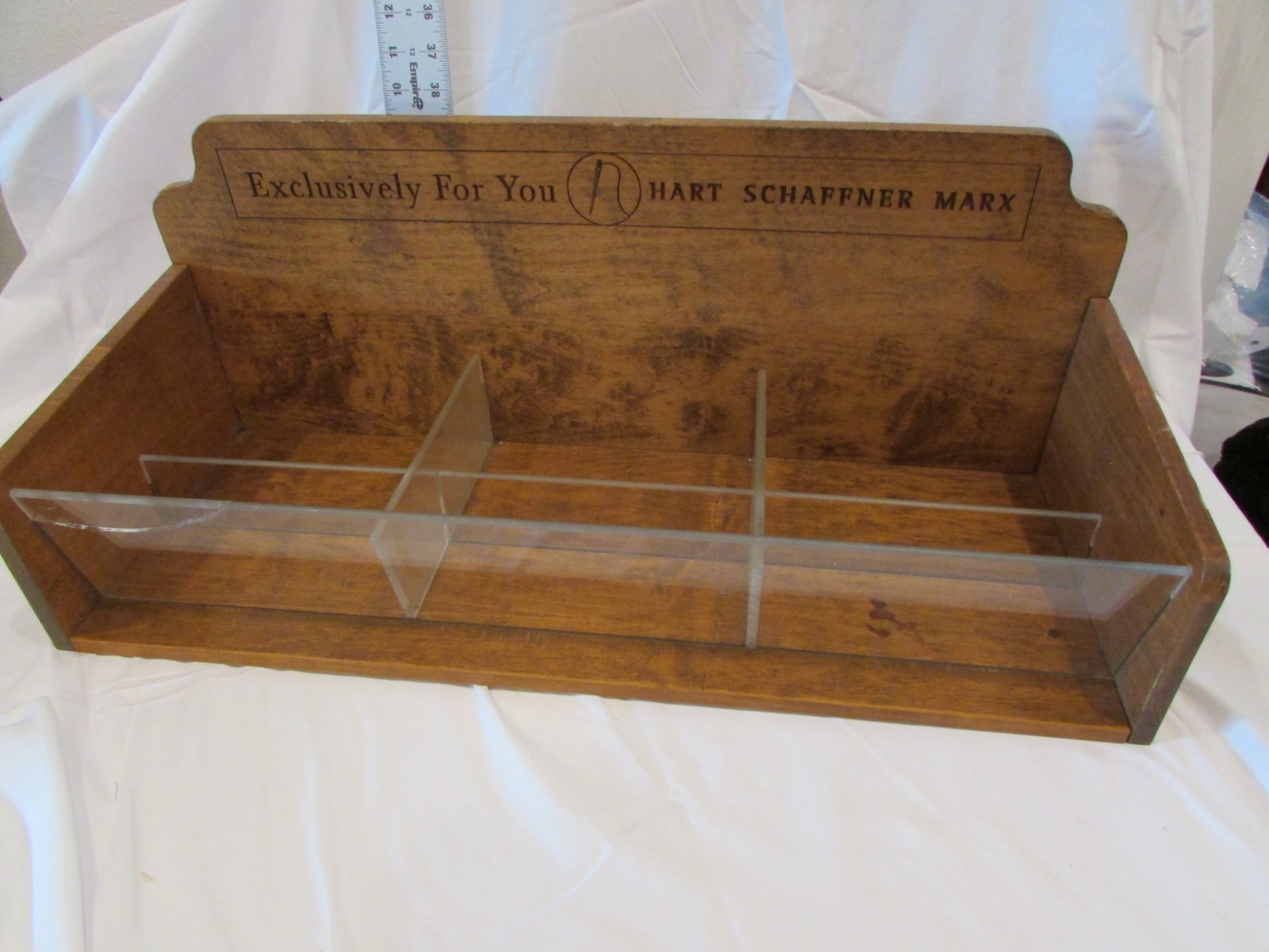 Rare Vintage Hart Schaffner & Marx Engraved Wood Bins Ties Socks Display 25″