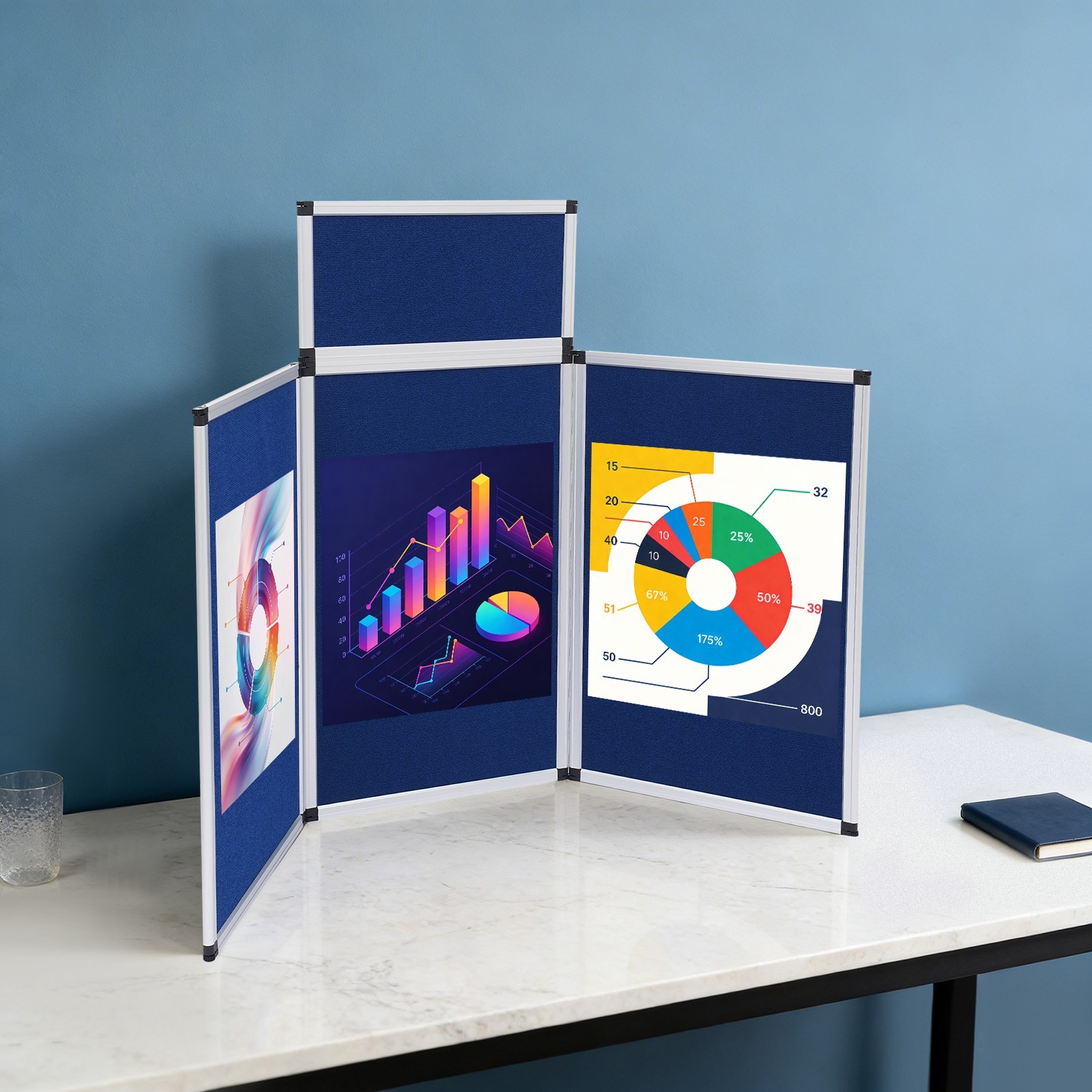 Modern Trifold Poster Display Board 3+1 Folding Display Board w/ Carry Bag Blue