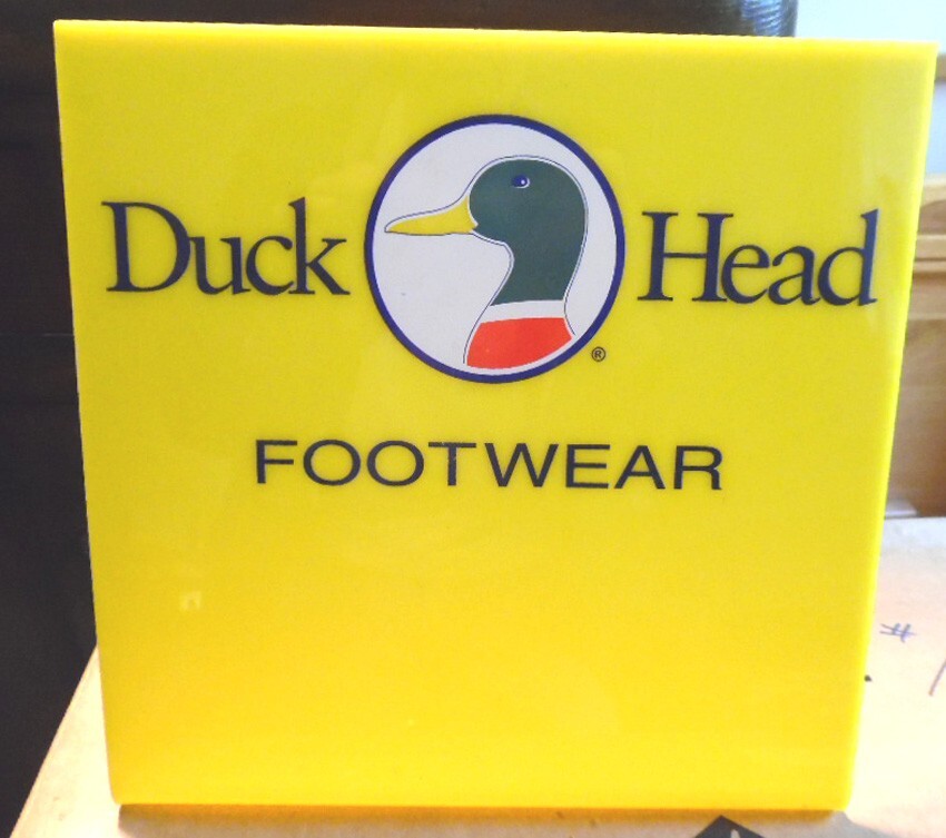 DUCK HEAD Shoes Sign Thick yellow plastic, Vintage Counter or Desk sign, Stands