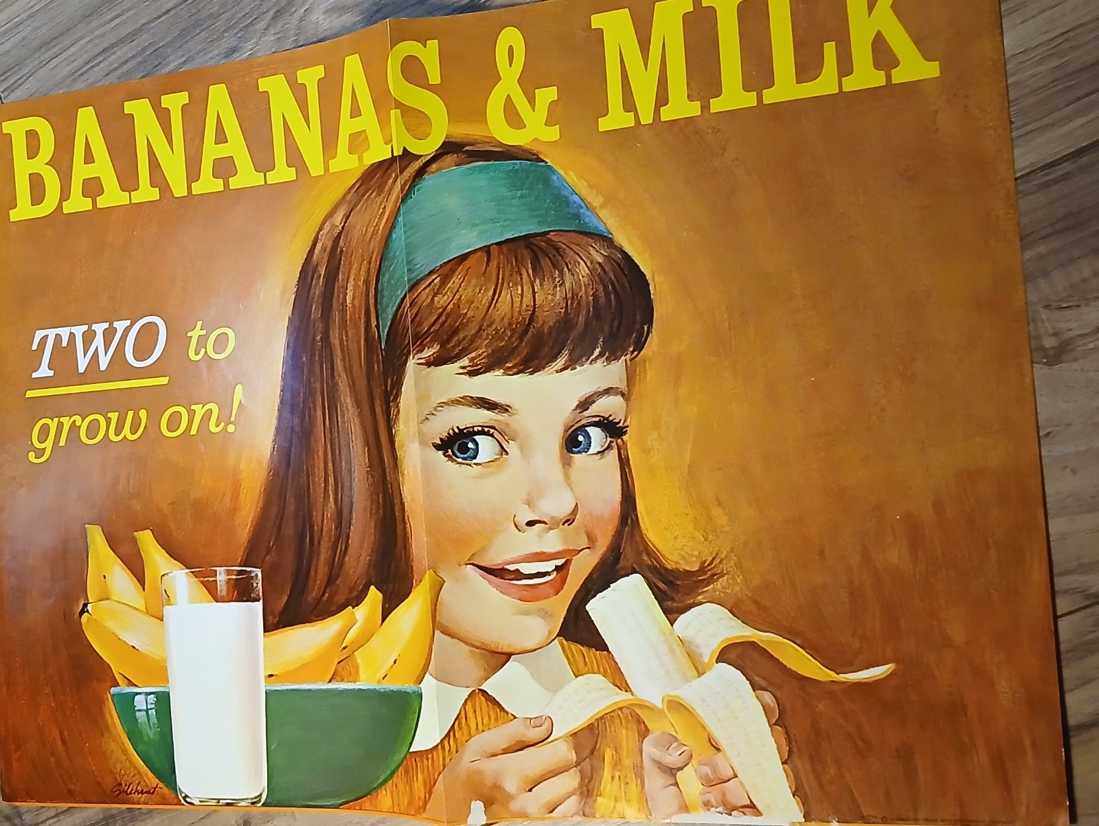 Vintage Bananas and Milk poster grocery store display from 1950s Unused