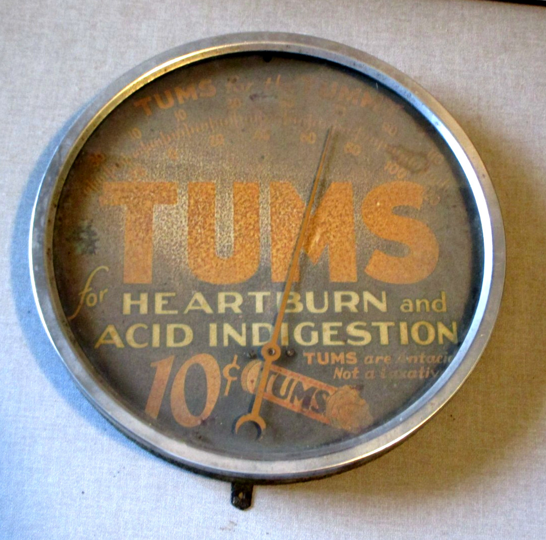 1930’S TUMS-FOR TUMMY- HEARTBURN- STORE DISPLAY SIGN THERMOMETER-9″- WORKS
