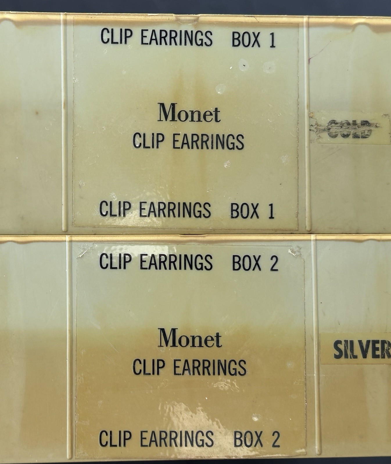 (2) 1950’s MONET Silver / Gold EARRINGS 36-Compartment STORE DISPLAY TRAYS