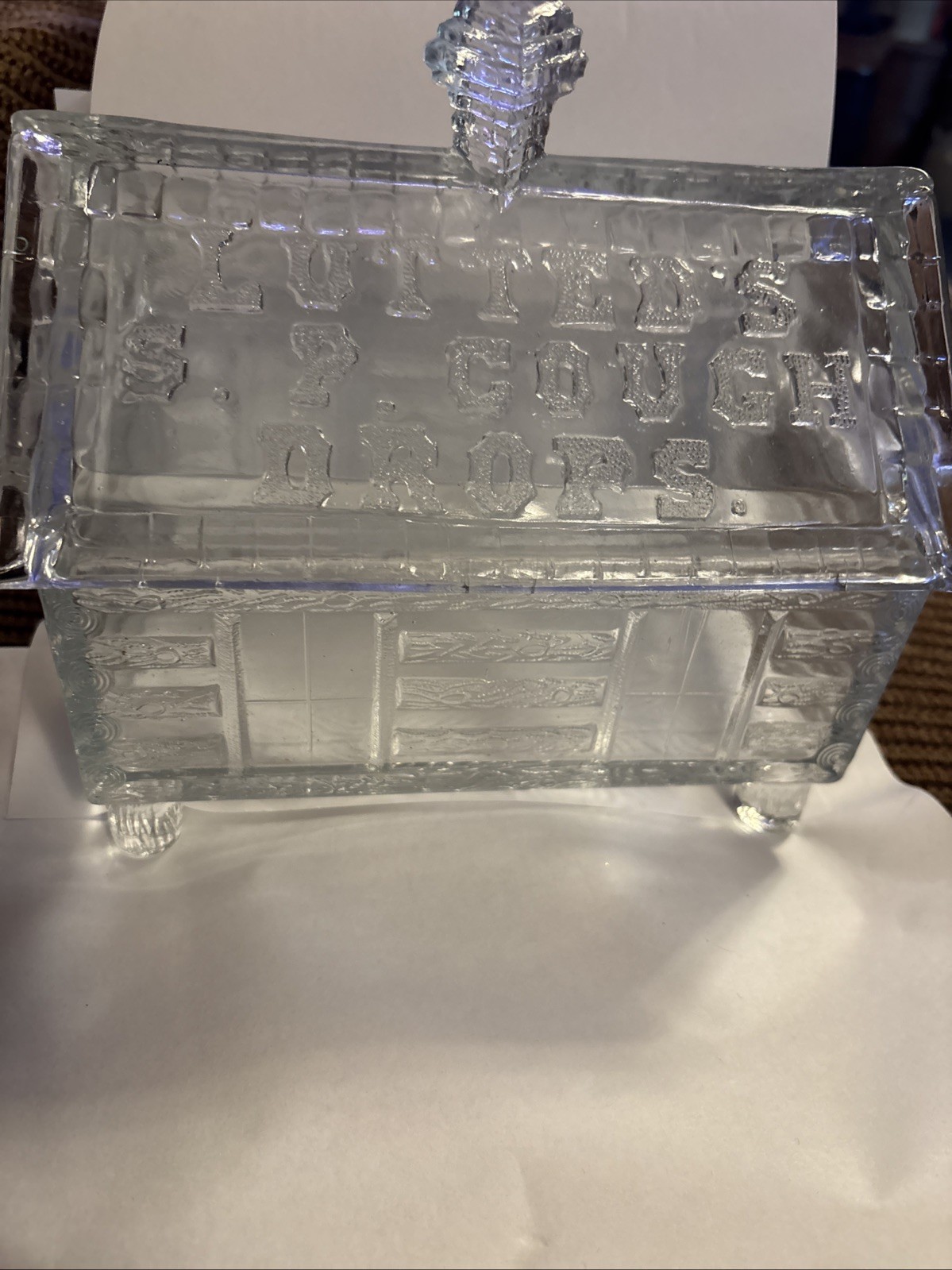 1875-ANTIQUE LUTTED’S S.P.COUGH DROPS LOG CABIN STORE DISPLAY PRESSED GLASS Read