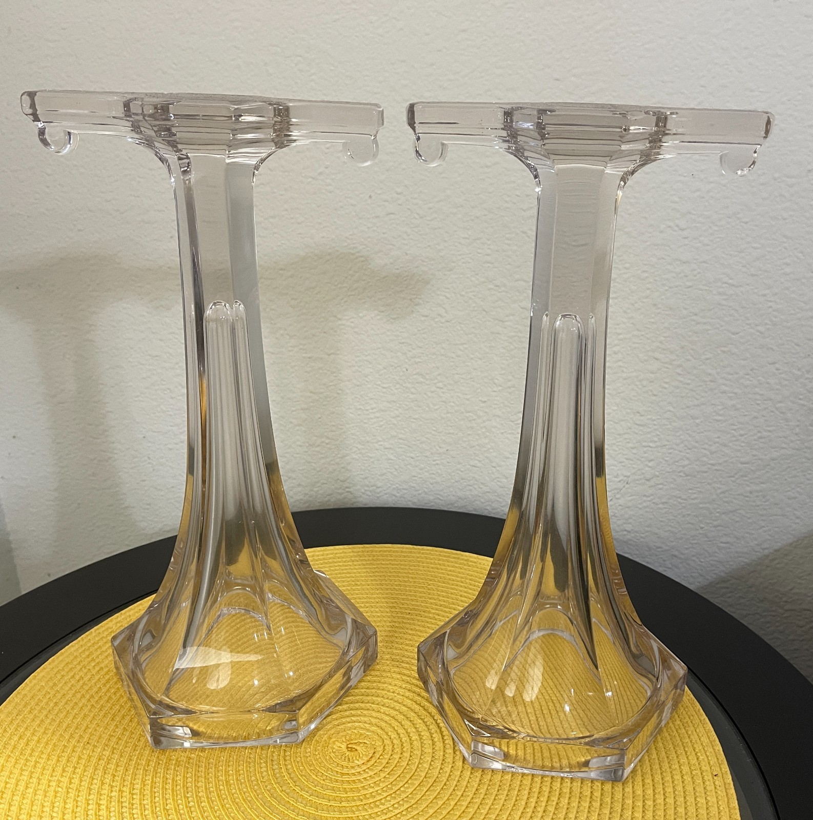 2 Vintage Art Deco Elegant Glass Shelf Risers Display Column Stands 12 1/4″ H