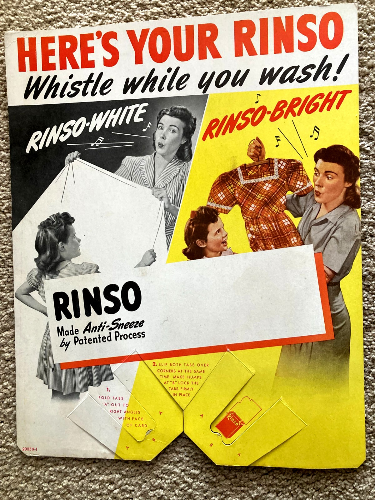 Vintage Rinso-White Cardstock Price Display sign w/Tabs For Over Display Box