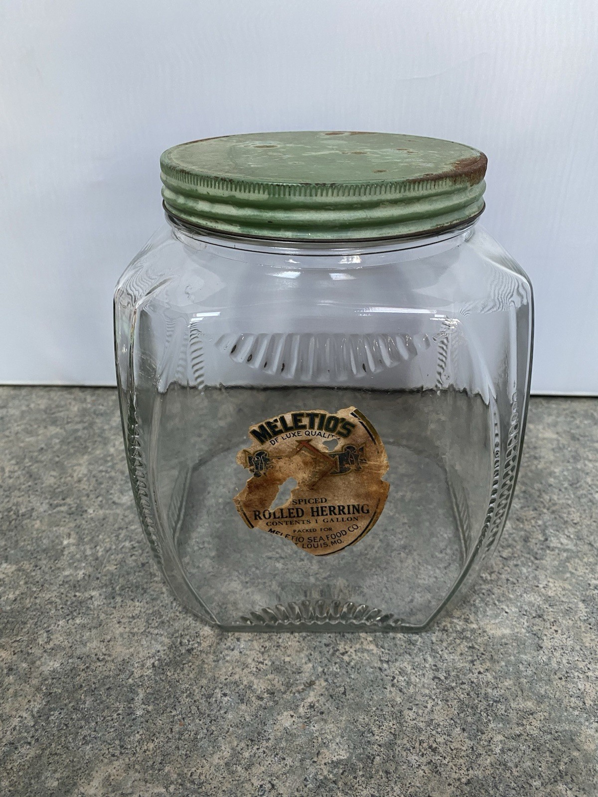Vintage Square Clear Ribbed Clear Glass Jar w/ Metal Lid Meletios Rolled Herring