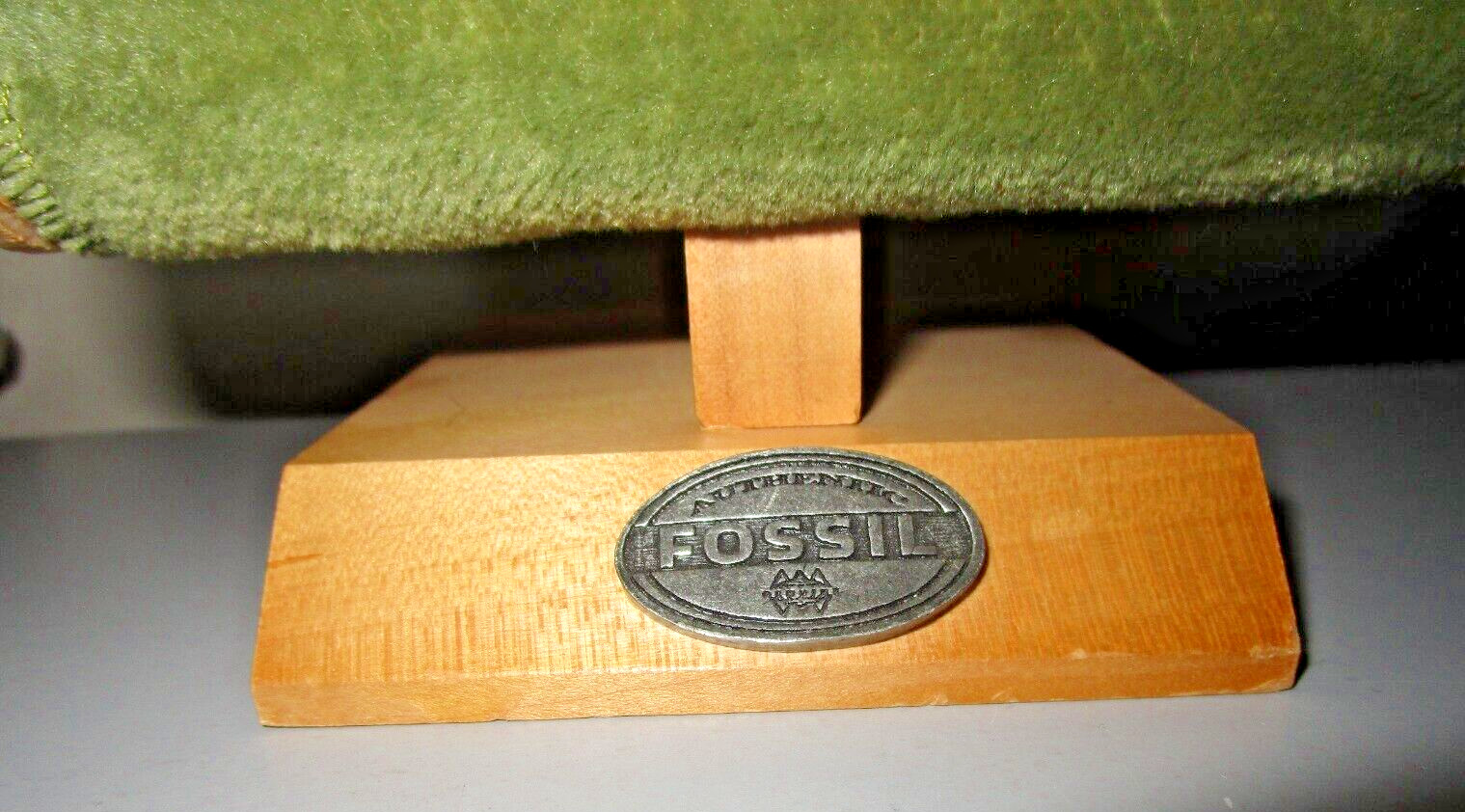 Vintage FOSSIL Watch Retail Display Wood, Green Suede, Pewter Emblem
