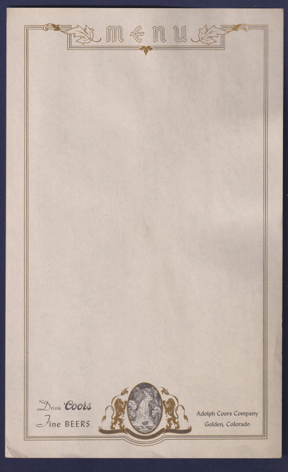 2 VERY OLD COORS BREWERY RESTURANT MENUS* UNUSED ORIGINAL * MINT CONDITION C7777