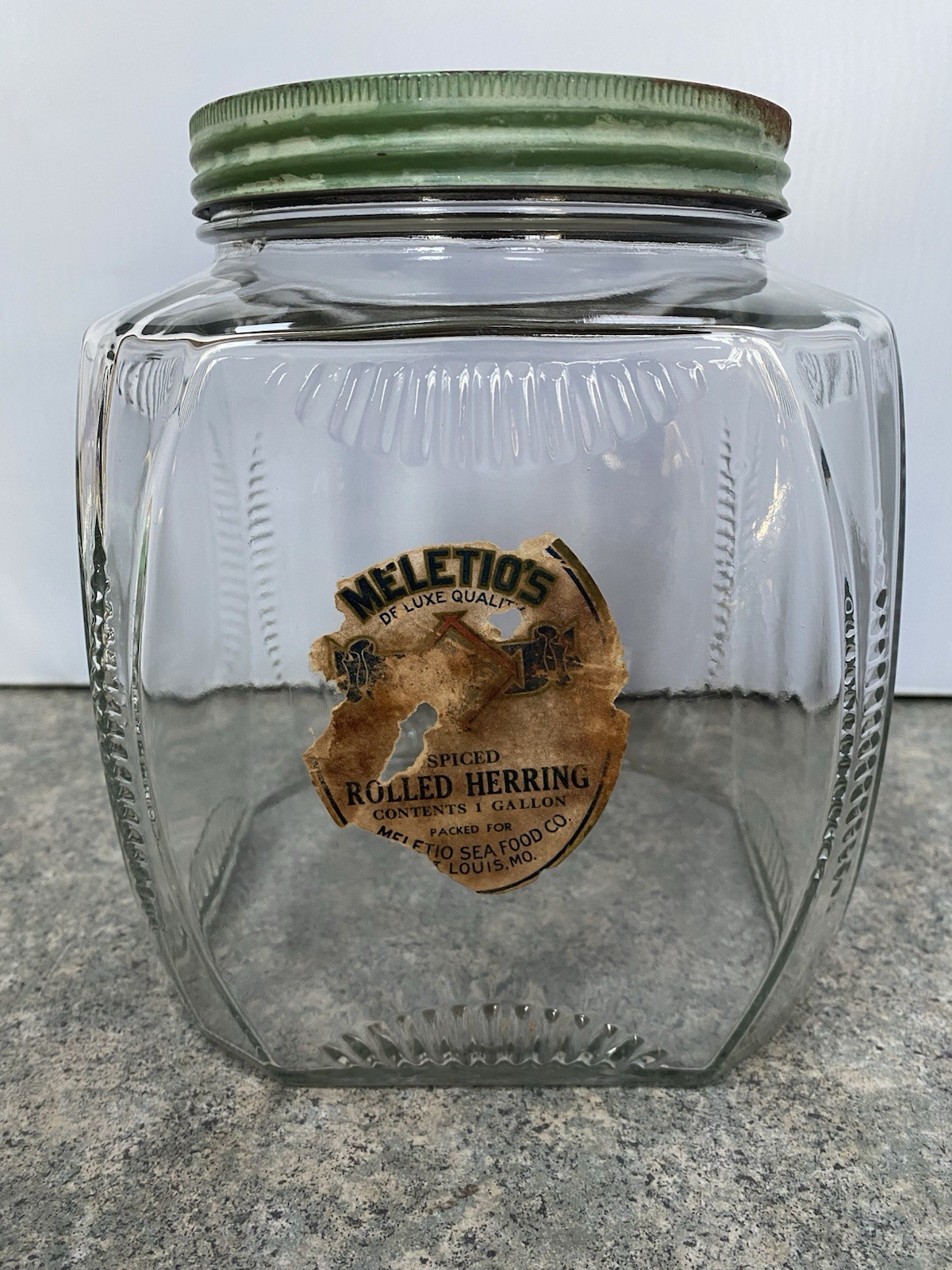 Vintage Square Clear Ribbed Clear Glass Jar w/ Metal Lid Meletios Rolled Herring