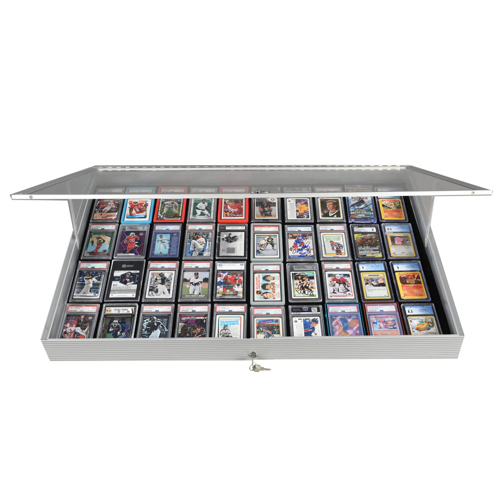 Lockable Aluminum Display Case 36 x 24 x 4″ Silver Showcase for Collectibles
