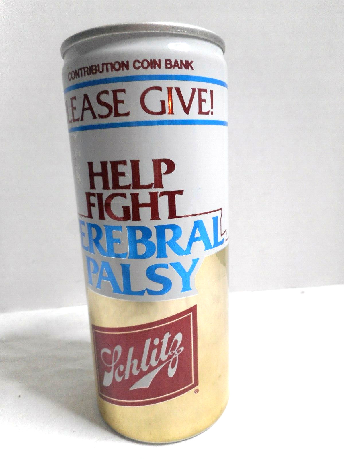 16oz SCHLITZ Beer Cerebral Palsy Metal Contribution Coin Bank Fundraiser 6 1/4″