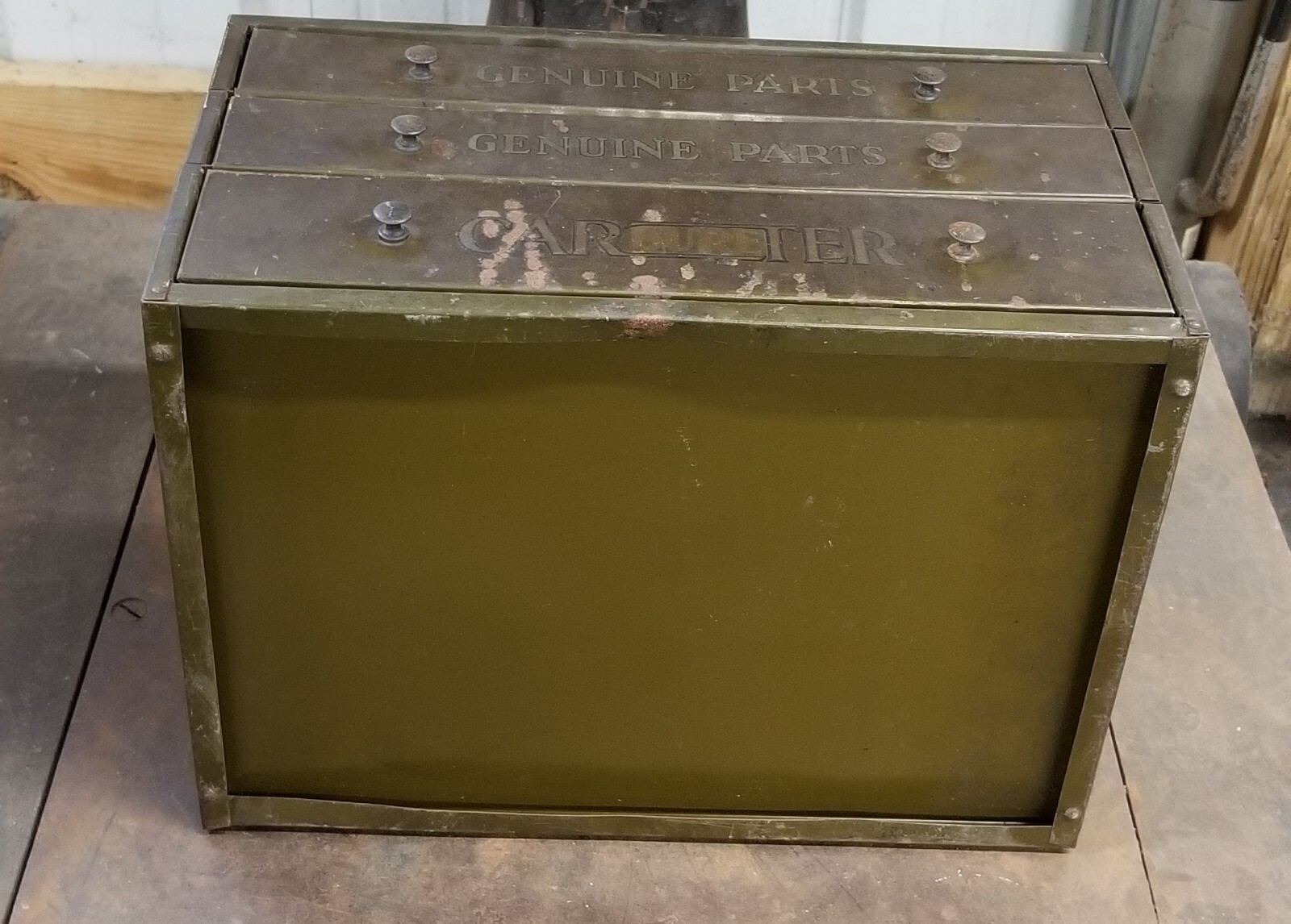 Vintage Carter Carburetor Genuine Parts Bin Cabinet Automobile Front & Back ADV!