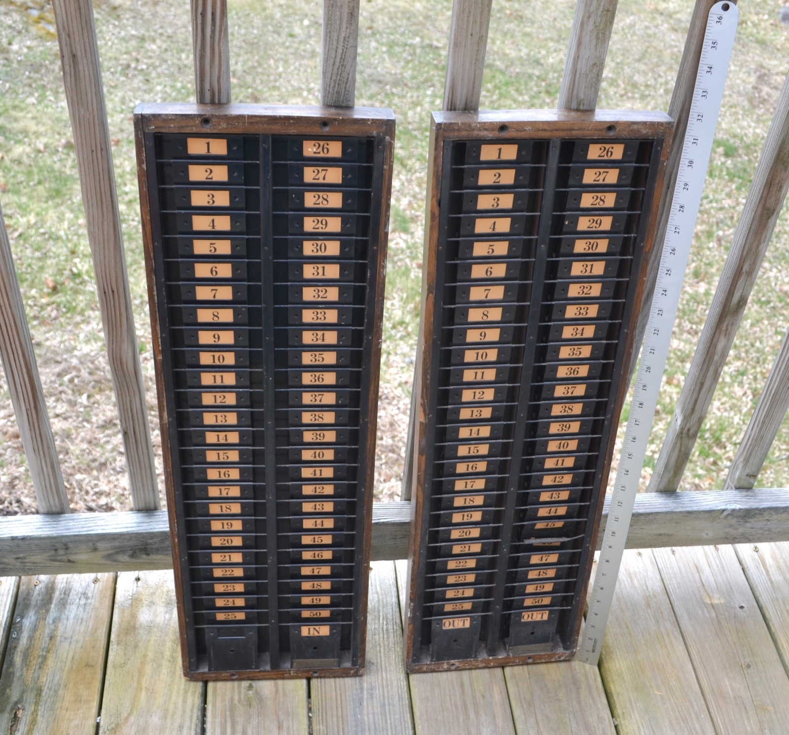 Lot of 2 Vtg Simplex Time Record Card Racks Wood Industrial 50 Slots Each