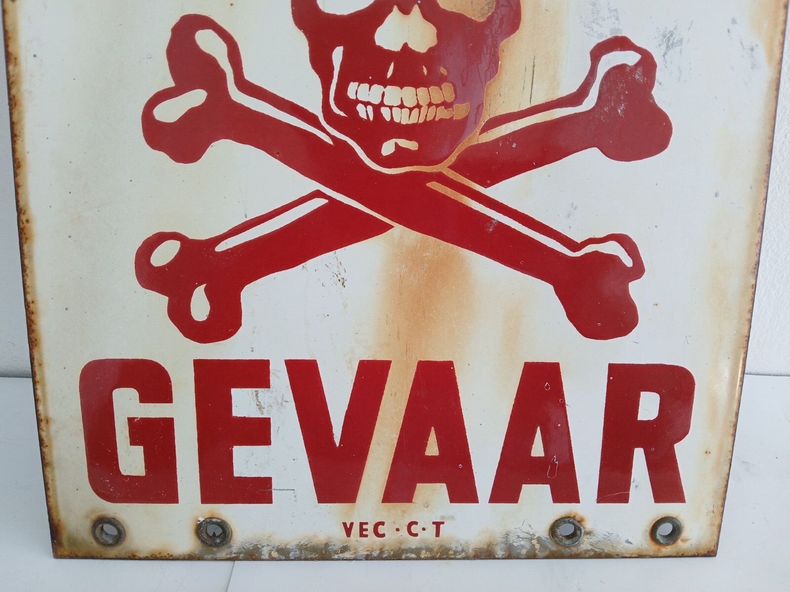 ENGLISH SIGN DANGER DANGER SIGN metal and porcelain enameled 1950s with skull