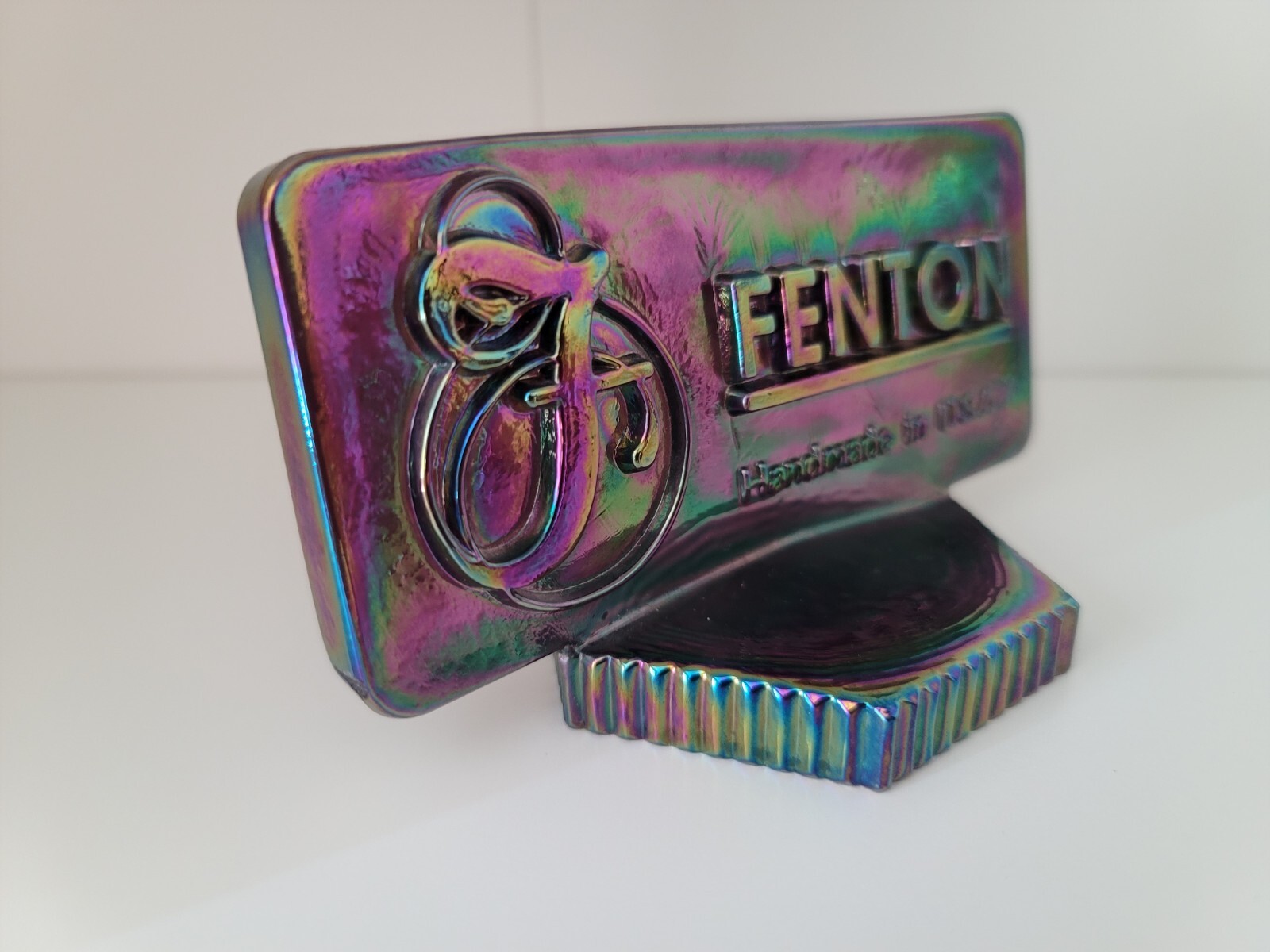 FENTON Iridescent CARNIVAL Glass Rectangle Dealer Sign LOGO, Purple.