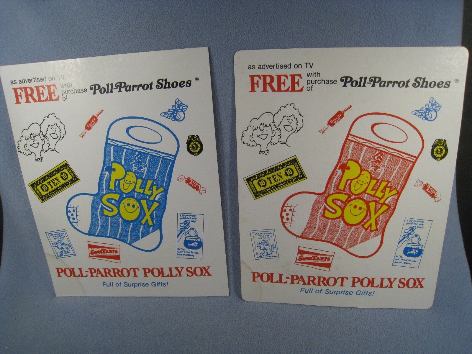 Lot of 2 Vintage Cardboard Poll-Parrot Polly Sox Sign’s 13 1/2″ Tall X 10 1/2″ W