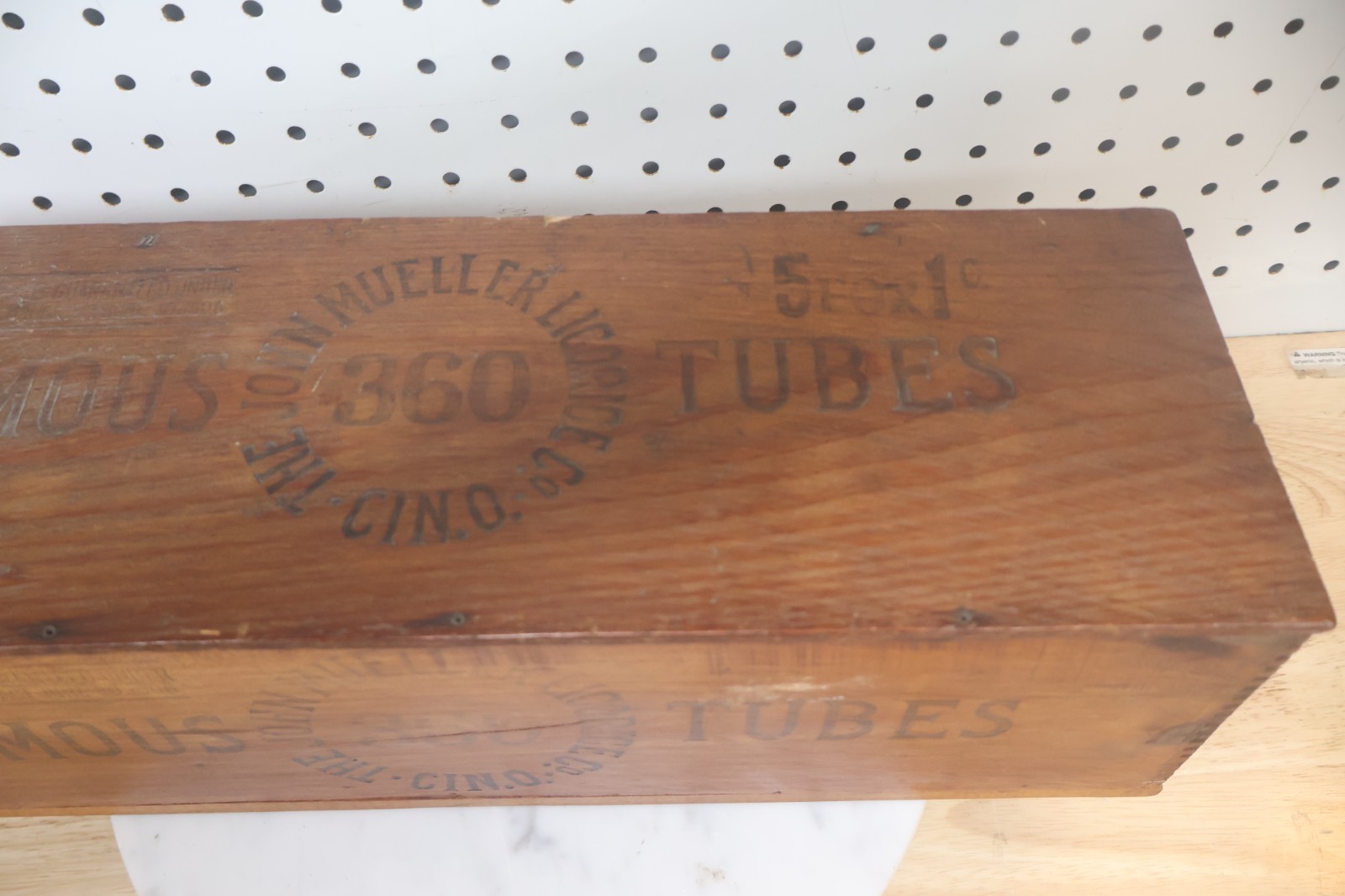 Antique Original John Mueller Licorice 17″ Long Wooden Advertising Candy Crate