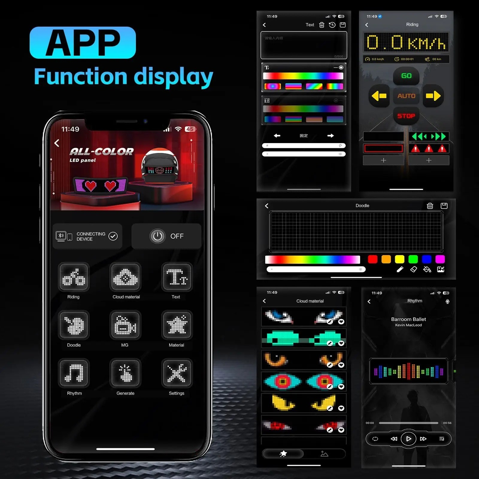 LED Helmet Display Rgb Programmable Warning Light Motorcycle Bike App Screen