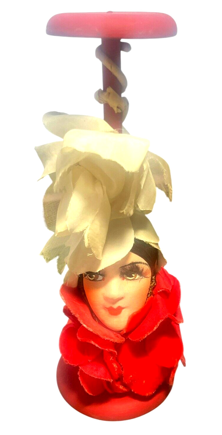 1920’s Art Deco RARE Silk Lady Head Wooden Hat Stand, Eyelashes, Beautiful!