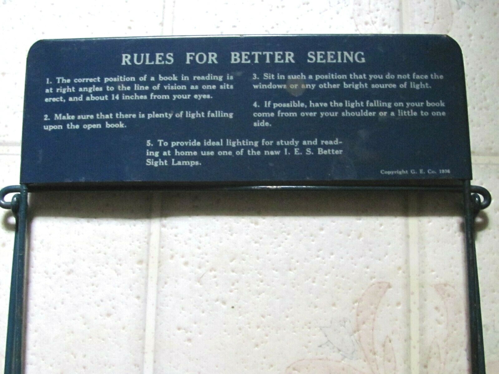 c 1936 ADVERTISING METAL BOOK READING STAND SIGN BETTER SIGHT LAMPS G.E.CO