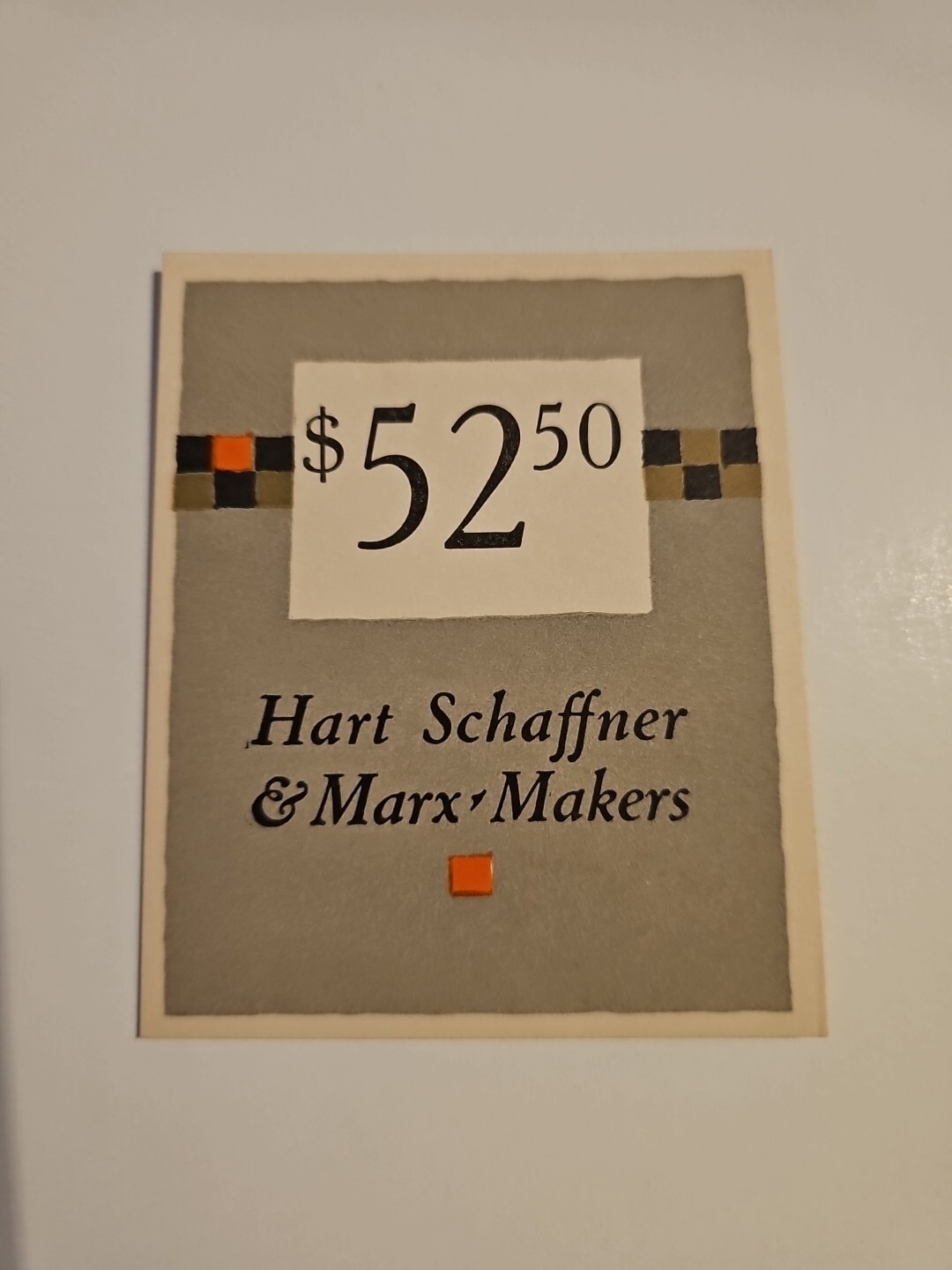 Vintage Hart Schaffner & Marx Makers $52.50 Price Tag Ticket