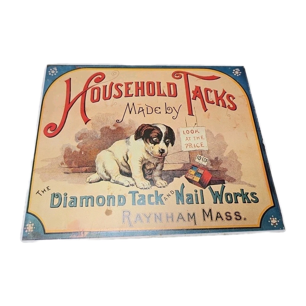 Rare Vintage Household Tacks The Diamond Tack And Nail Works Tin Metal Sign Dog