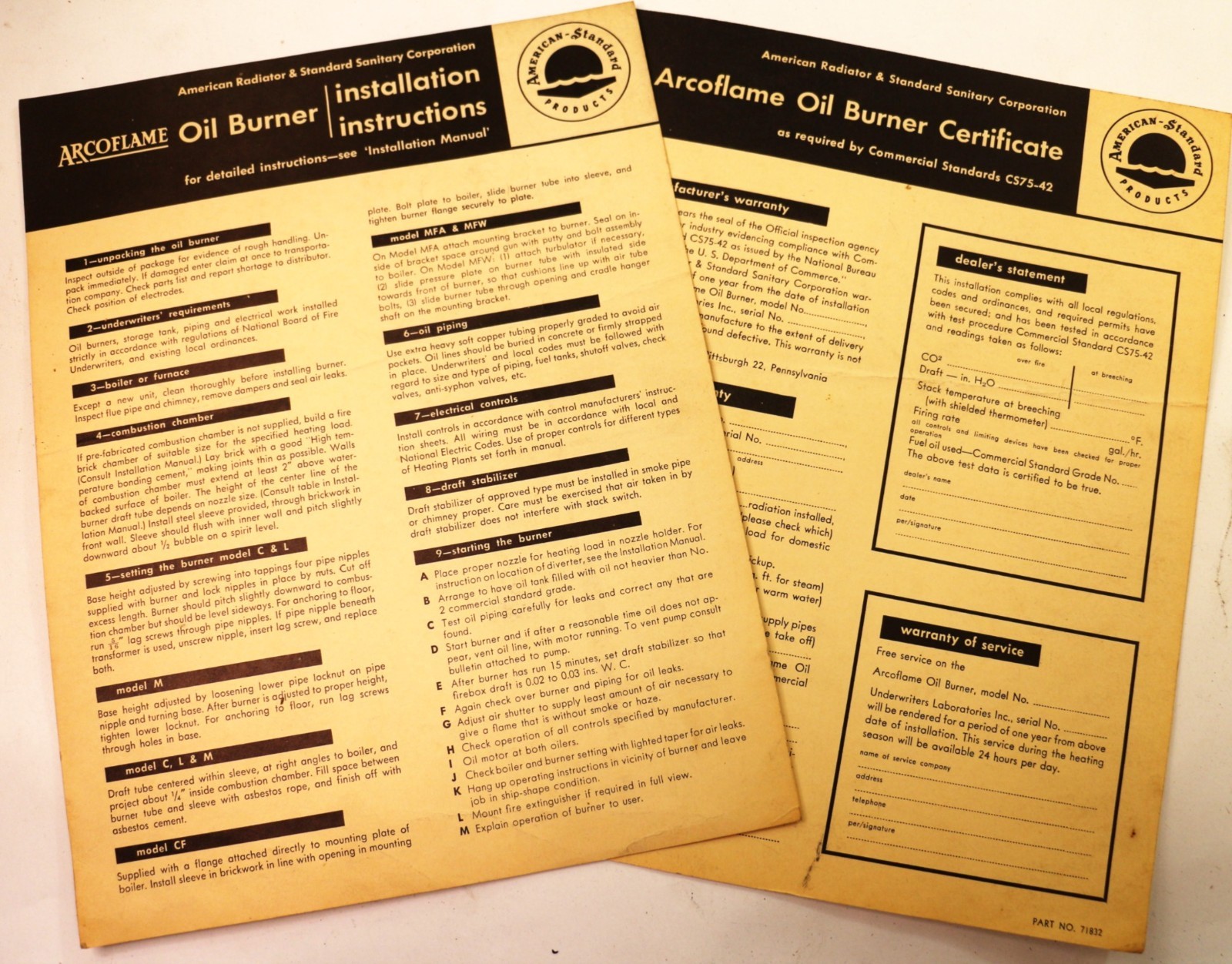 Lot of 9 American Standard Oil Burner Air Conditioner Heater Pamphlets 1950