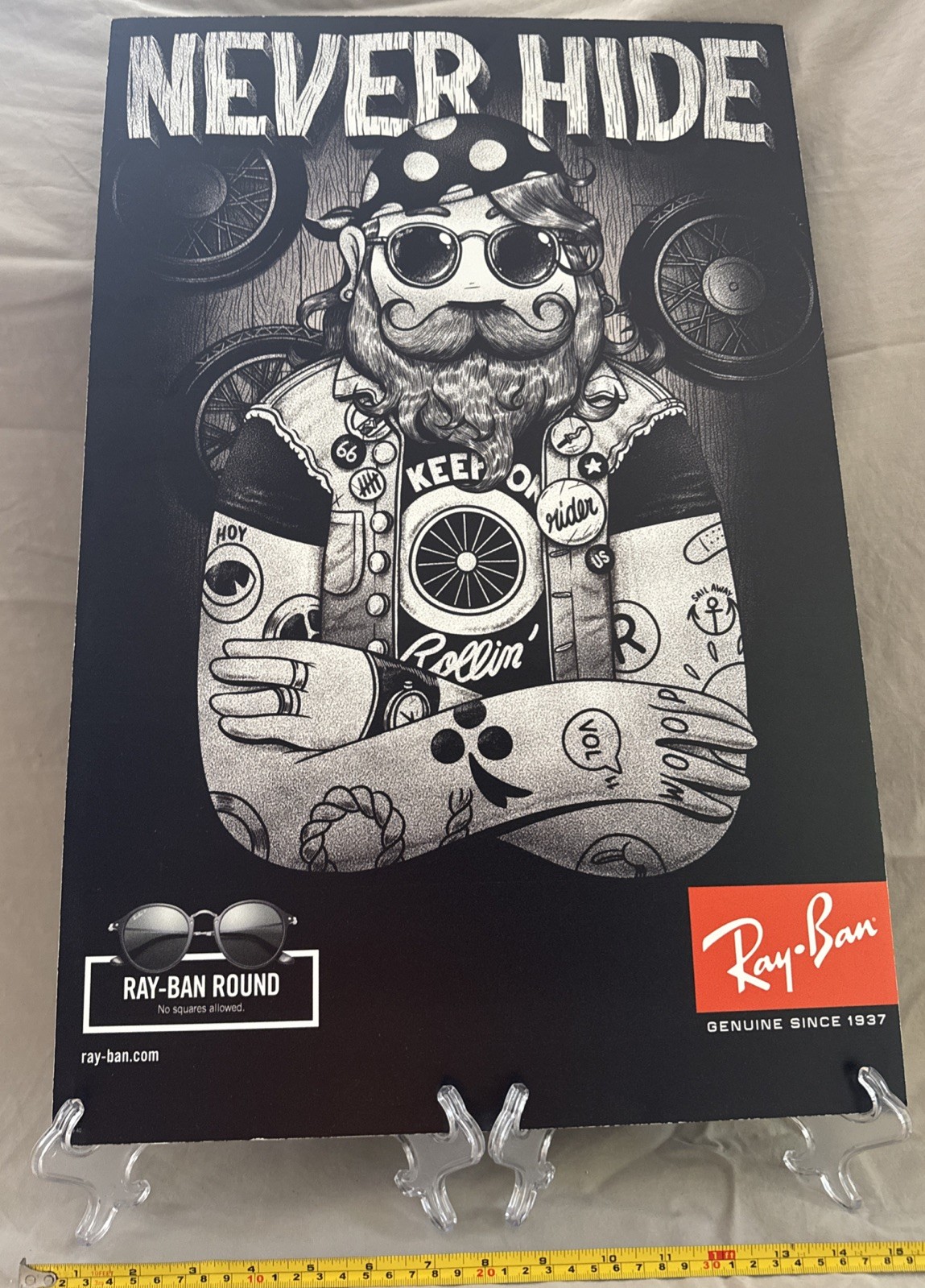 Ray-Ban “Never Hide” Store Display Sign – 2 Sided Round Series Promo, Rare 16×23
