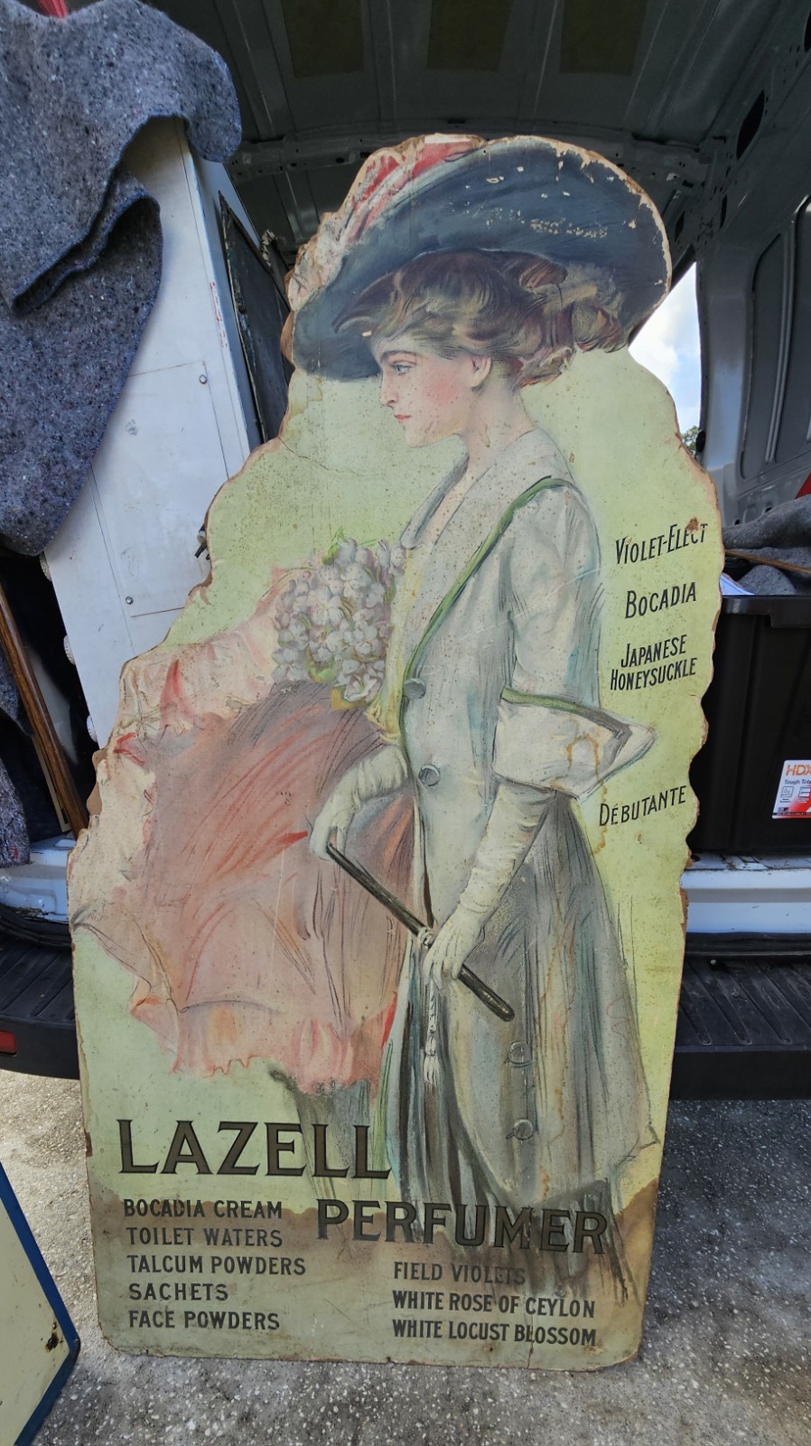 59 Inch 1909 Lazell Perfume Cardboard Store Display Easel Back Window New York