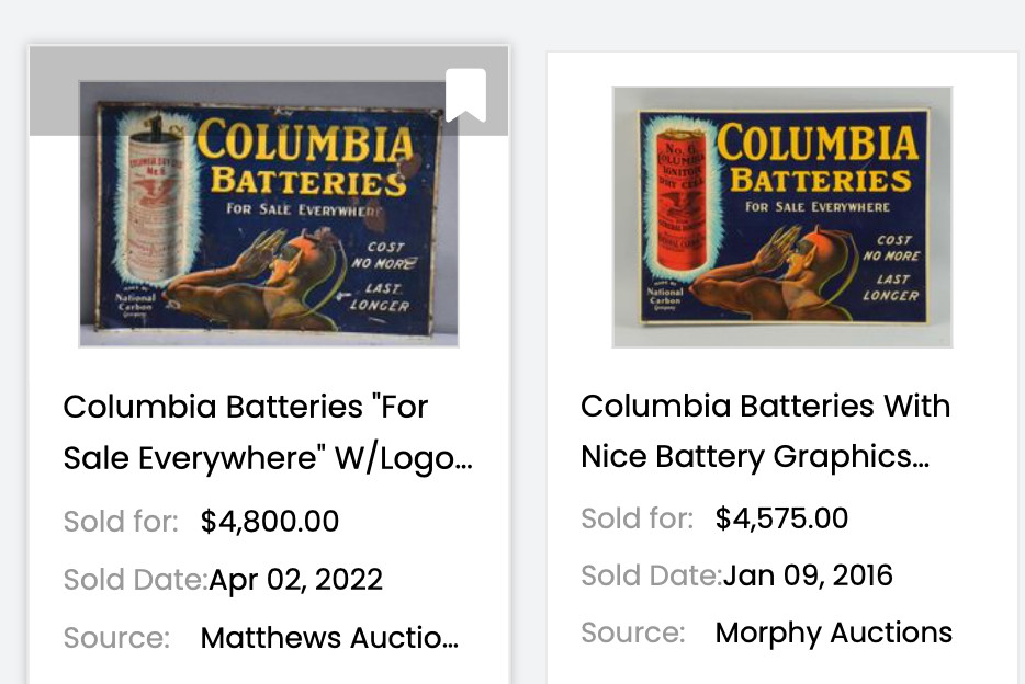 VINTAGE COLUMBIA DRY CELL BATTERIES +DEVIL 16″ PORCELAIN METAL GASOLINE OIL SIGN