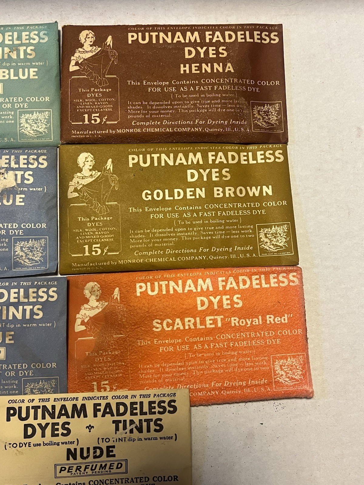 Vtg NOS Lot Of 7 Assortment Putnam Fadeless Dyes and Tints Blue Red Nude Brown