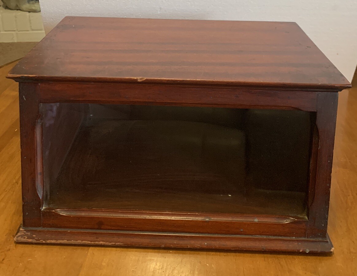 Antique Boston Garter Store Display Cabinet Advertising Case Mahogany 14x11x8”