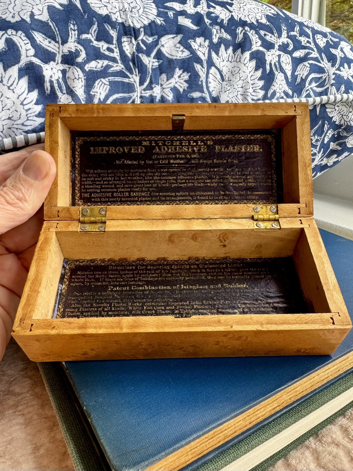 Mitchell’s Improved Adhesive Plaster Bird’s Eye Maple Wood Advert Box, Inscribed