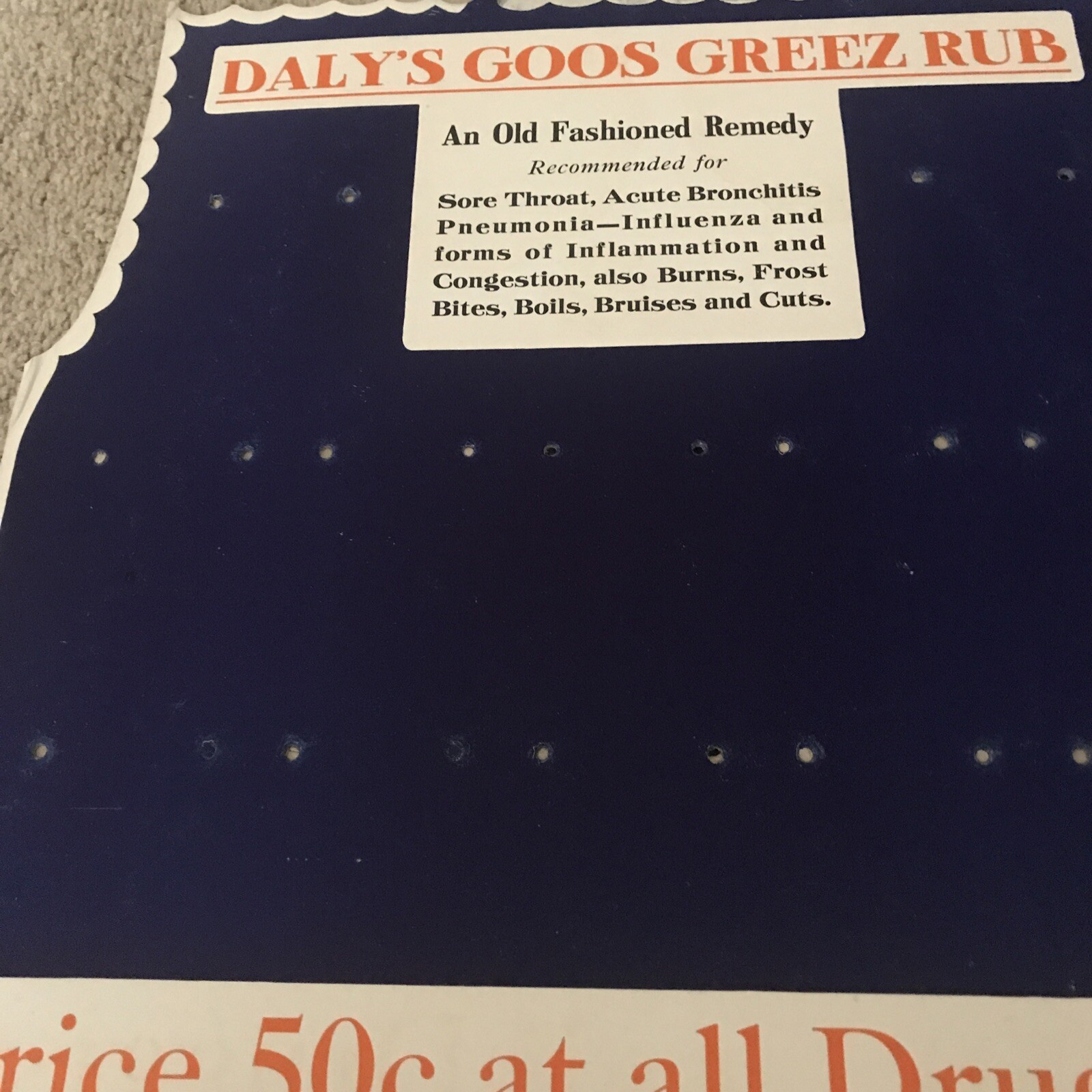 NICE VINTAGE DIE CUT STORE DISPLAY DALYS GOOS GREEZ RUB SIGN, EASEL BACK 21-1/2
