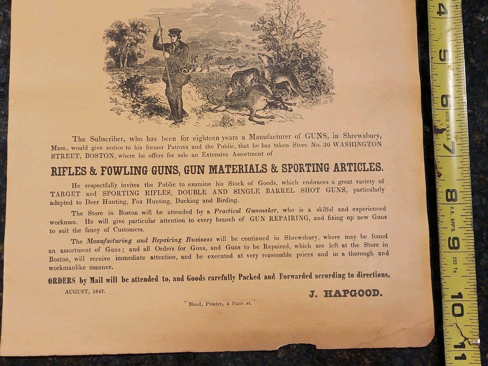 RARE 1847 J.HAPGOOD GUN INTERIOR STORE BROADSIDE RIFLE WEAPON ADVERT BOSTON 9×11