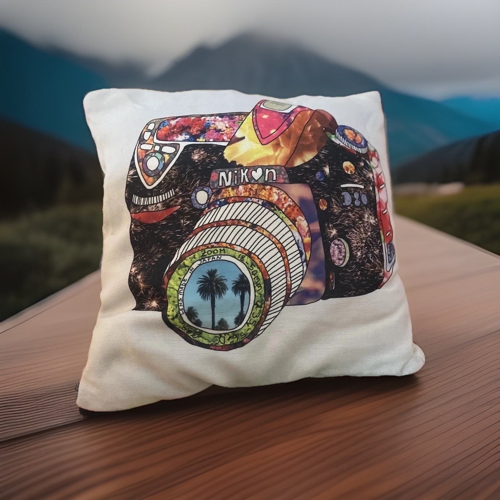 VTG Nikon Pillow 18×18” Boho Pop Art Camera Photography Advertising Decor