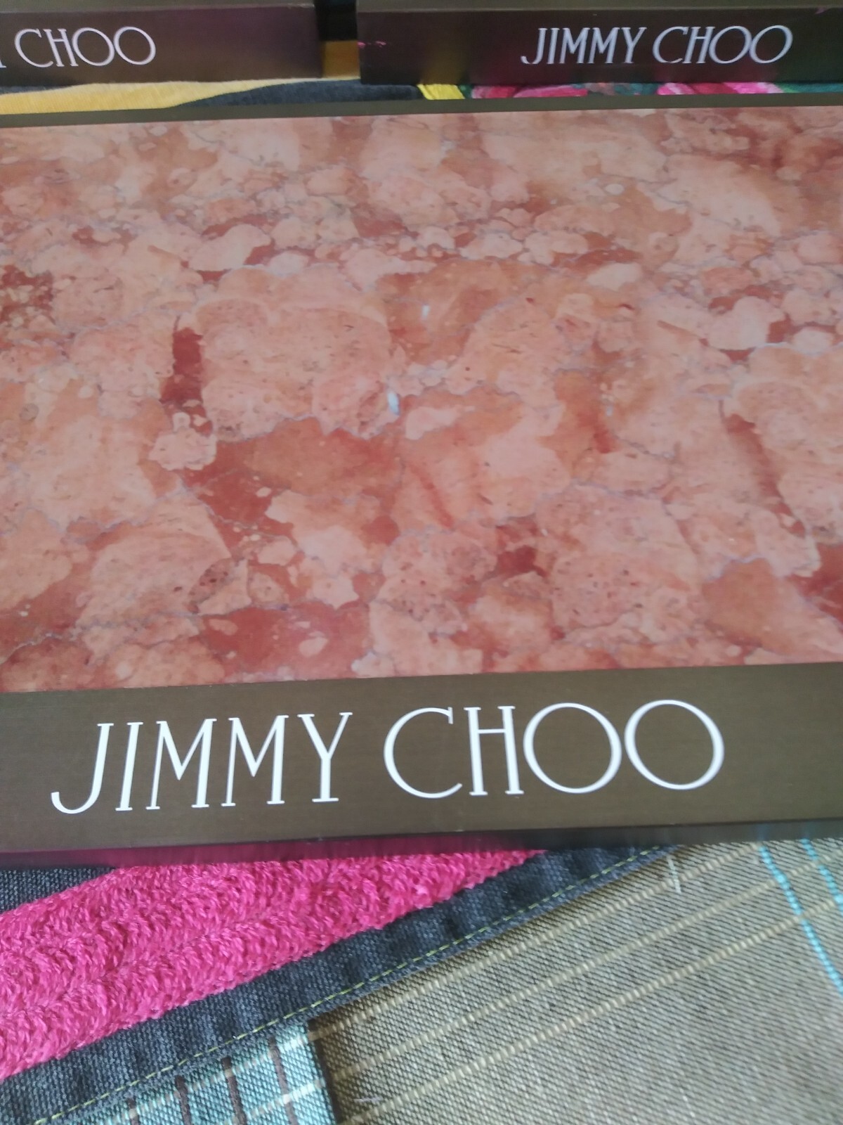 Lot of 3 JIMMY CHOO LOGO Display Stands Metal Trim & Marble Like Plastic Top
