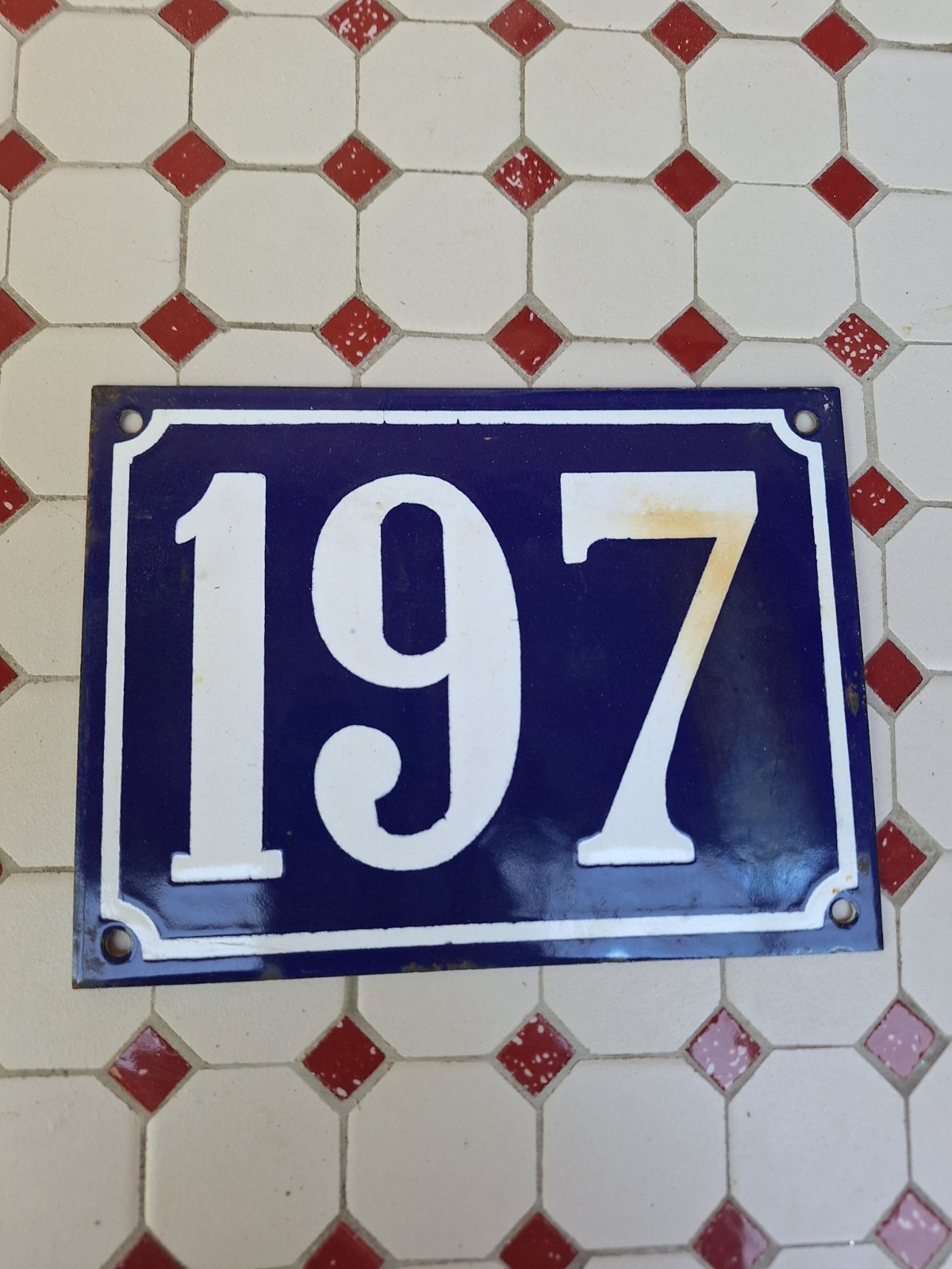 Large Antique Enameled Plaque Street Number 197 20X15cm Navy Blue Enamel