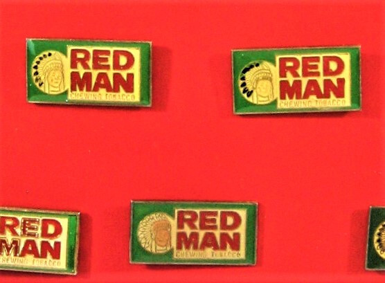 Vintage Red Man Chewing Tobacco Pin Display 12 On Card Old Stock