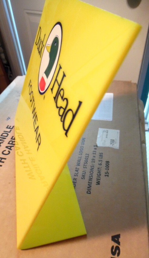 DUCK HEAD Shoes Sign Thick yellow plastic, Vintage Counter or Desk sign, Stands