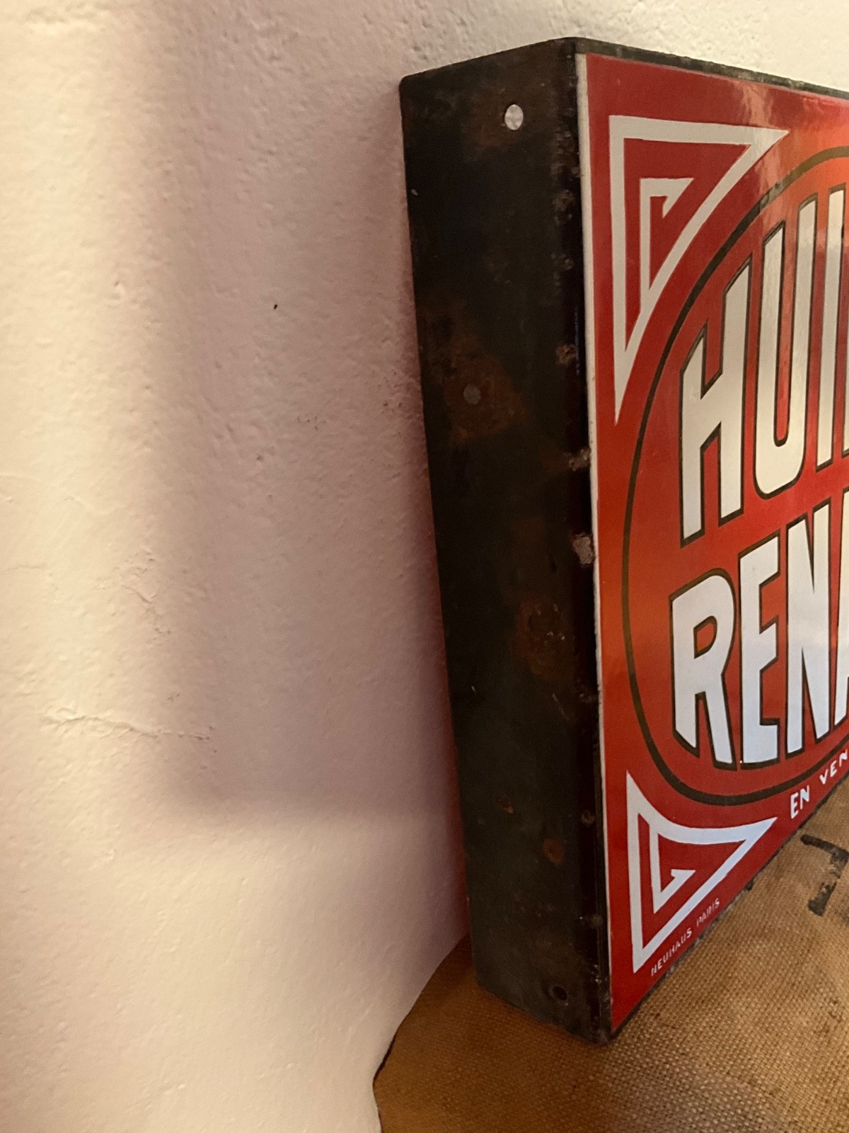 old enamel plate garage RENAULT OILS square circa 20/30