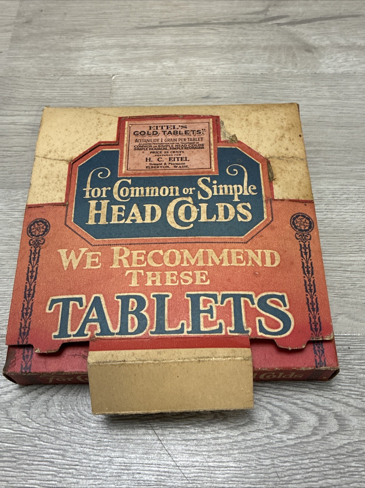Antique Fitels Cold Tablets Retail Counter Advertising Box W/ Packages Empty.