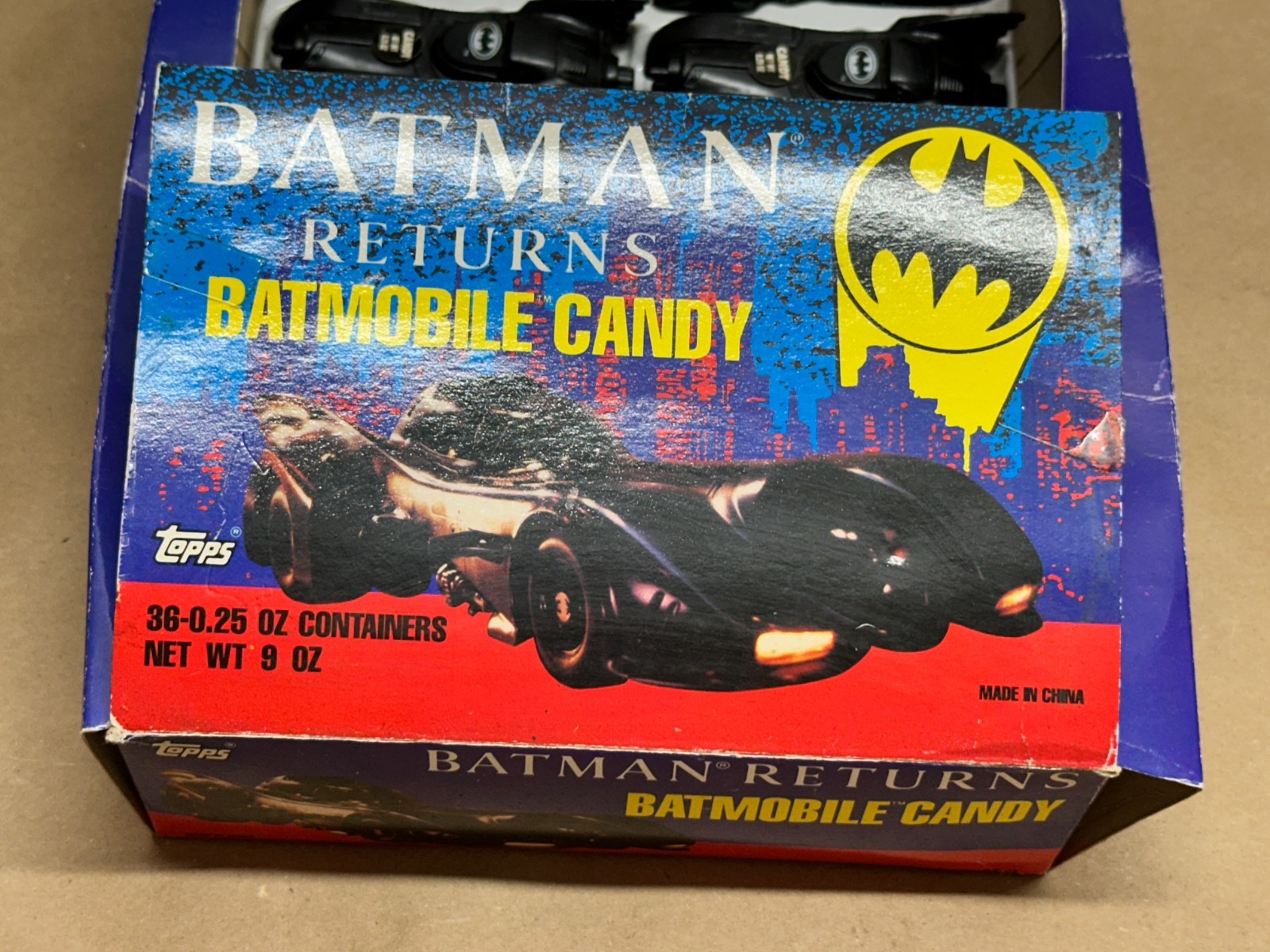 VTG Batman Returns Batmobile Candy Topps 4 Cars Open Retail Display Box DC 1991