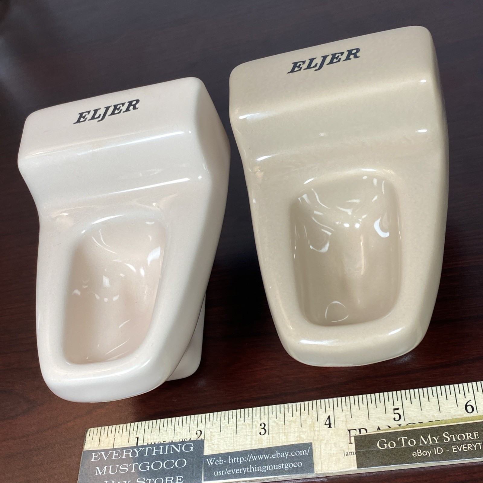 2 Vtg ELJER Salesman Sample Mini Porcelain Toilet Display Off White Pink Brown