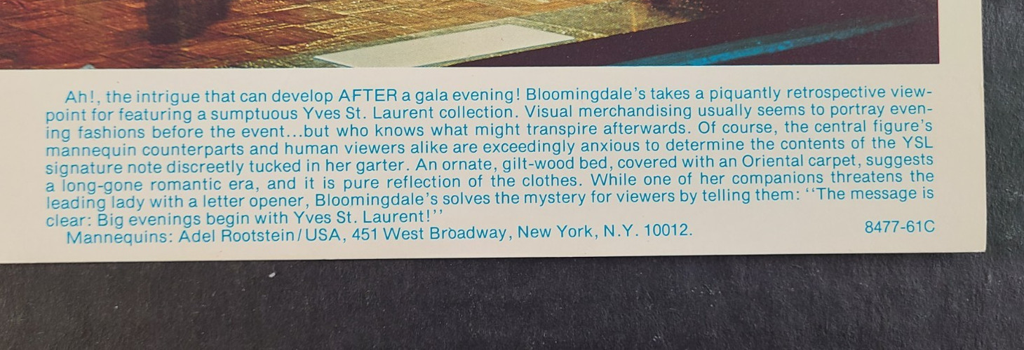 BLOOMINGDALES WINDOW DISPLAY PHOTO PRINT BIG EVENINGS BEGIN WITH YVES ST LAURENT