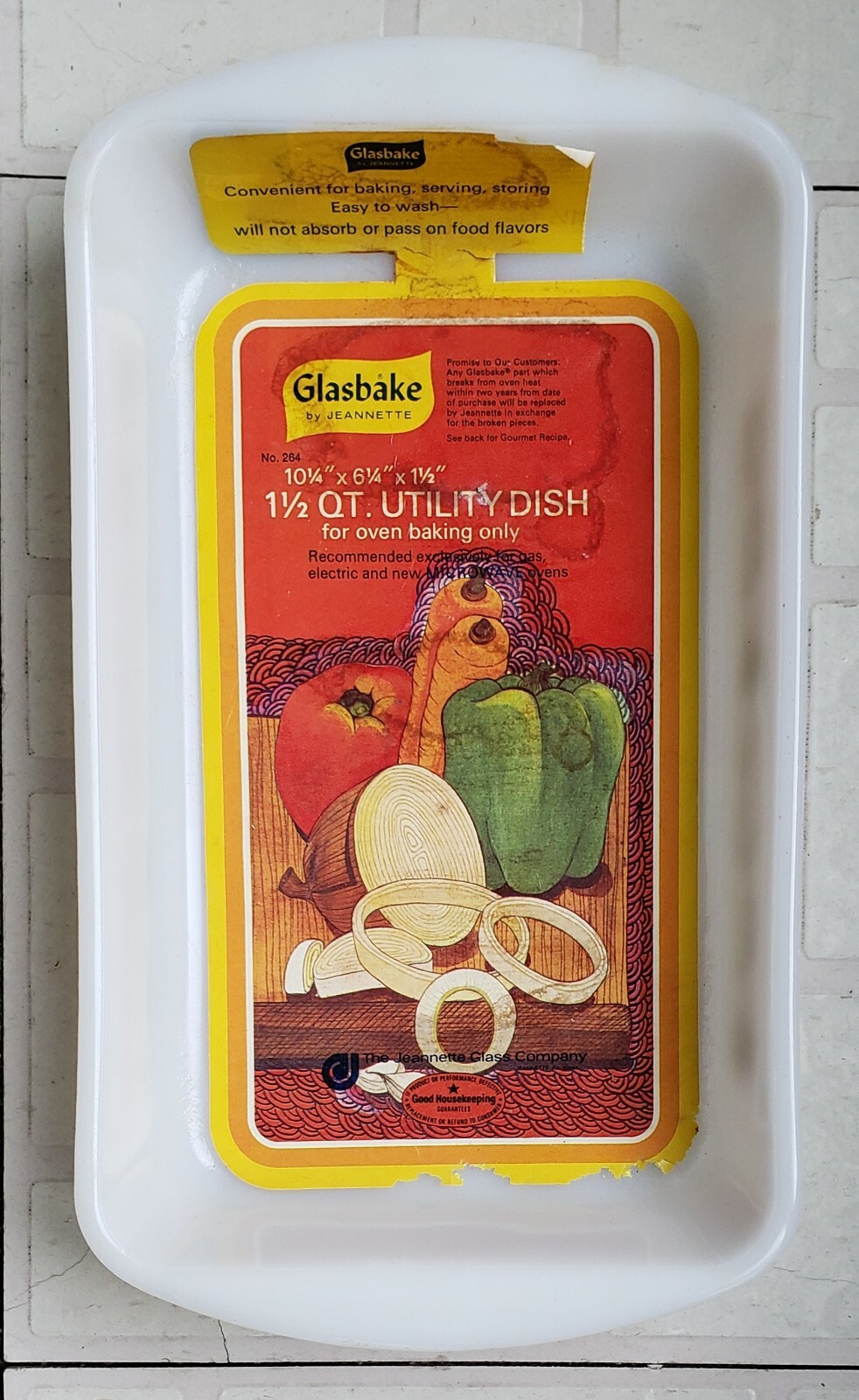 VINTAGE GLASBAKE BY JEANNETTE 1 1/2 Qt. BAKING DISH ORIGINAL ADVERTISEMENT LABEL
