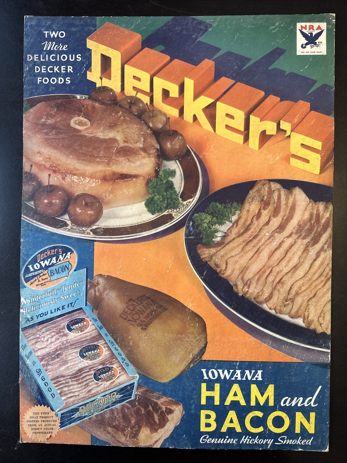 Vintage Decker’s Iowana Ham And Bacon Sign NRA Rare Antique Store Display Sign